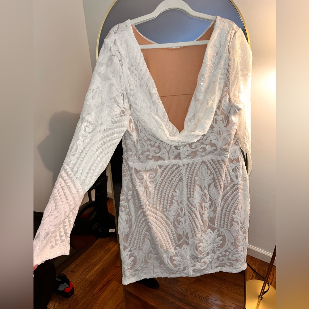 Long Sleeve White Sequined Dress with Cowl Back